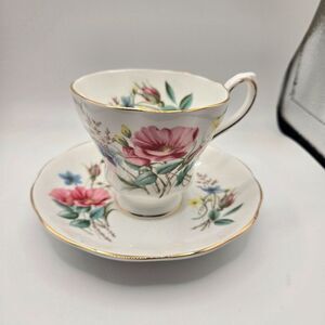 Vintage Embassy Bone China Teacup Saucer Set Floral Pattern Gold Trim Made In En